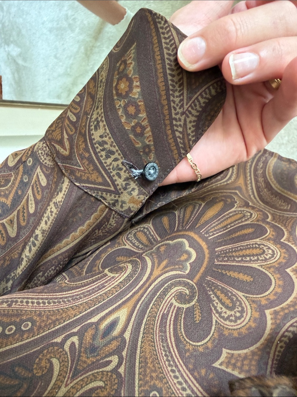 Ralph Lauren 100% silk Ruffled Paisley Long-Sleeve Blouse - Brown size large - Picture 4 of 11